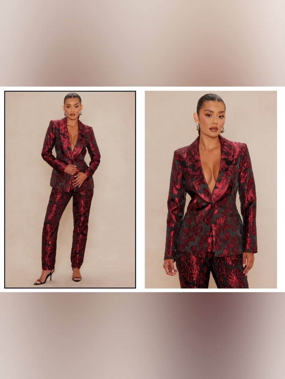 Fashion Nova Crimson Touch Red Floral Jacquard Blazer & Pant Set, NWT - Picture 2 of 4